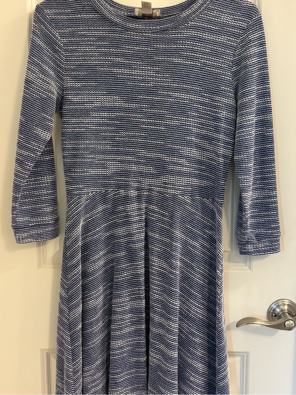 LOFT Blue & White Striped Knit Fit-and-Flare Dress